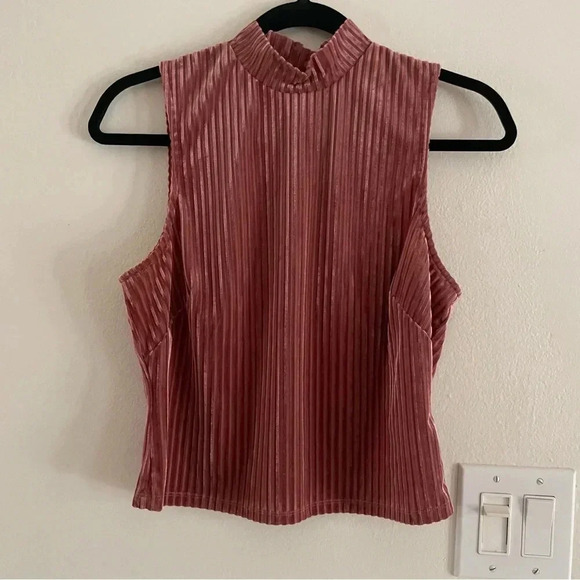 Renvy Mauve Pink Semi Sheer Sleeveless Velvet Striped Mock Neck Crop Top Medium - Picture 1 of 6